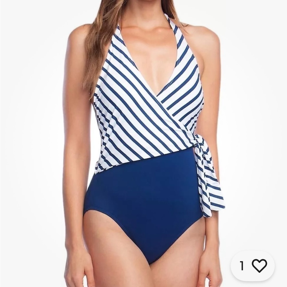 Lauren Ralph Lauren Nautical Stripe Wrap Halter One‎ Piece Swim Suit Size 8